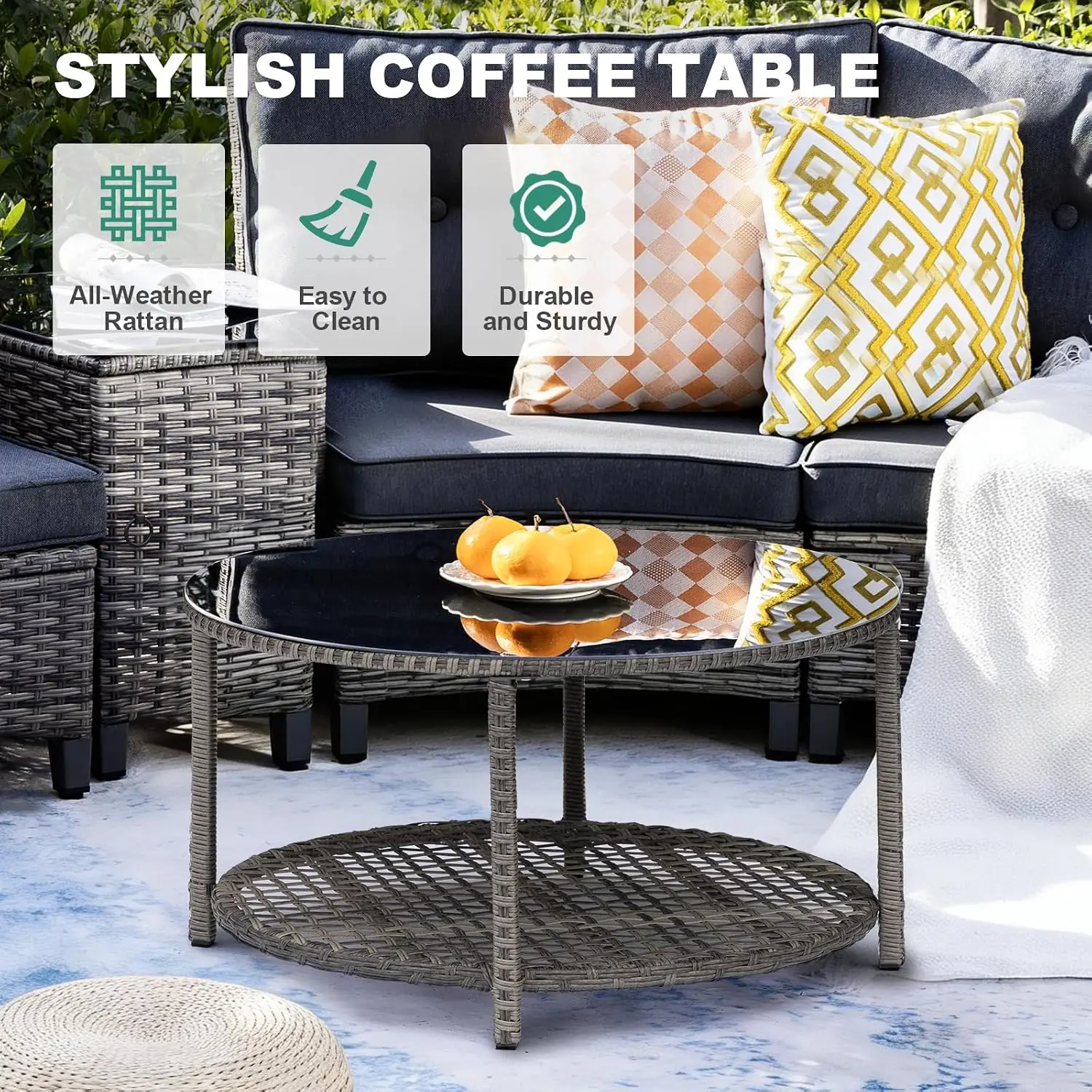 Half-Moon Curved Outdoor Patio Sectional Sofa Set with Ottomans & Tables for Backyard Deck Garden, Grey, Customized