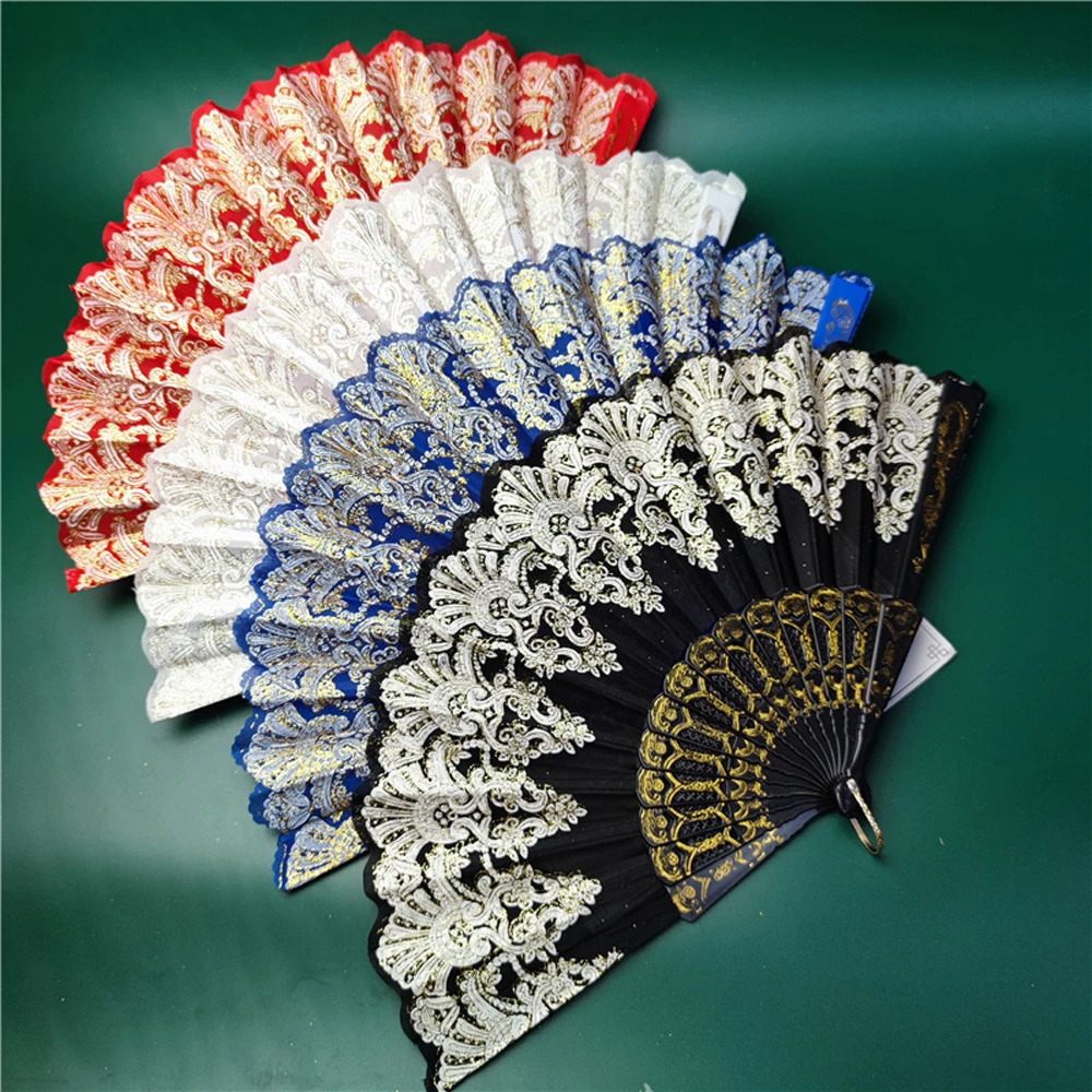 Black Vintage Folding Hand Held Fan Lace Wedding Hand Dance Fan Party Silk Fans Luxury Fashion Spanish Style Stamping Design