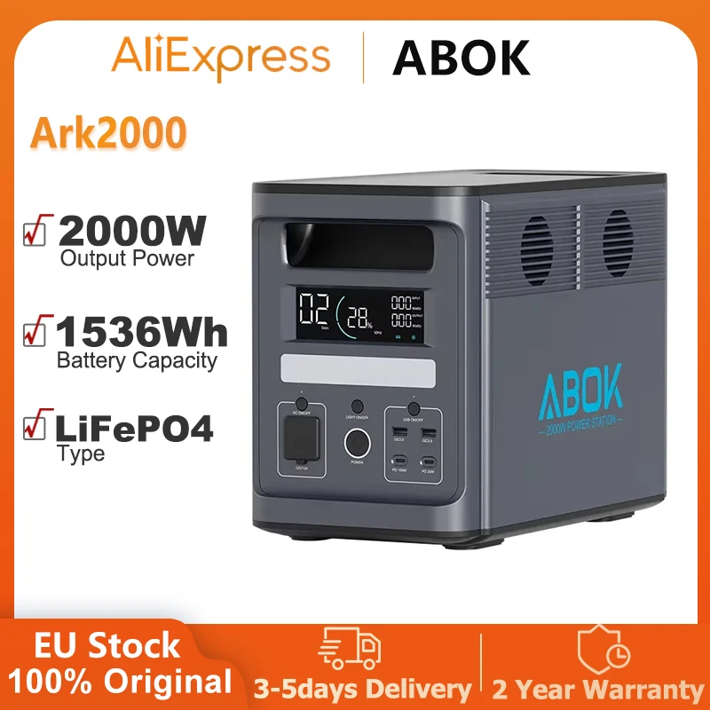 Batería ABOK 1536Wh LiFePO4 Ark2000, estación de energía de 2000W, generador solar AC para respaldo doméstico, camping al aire libre, energía portátil, energía móvil con aplicación.