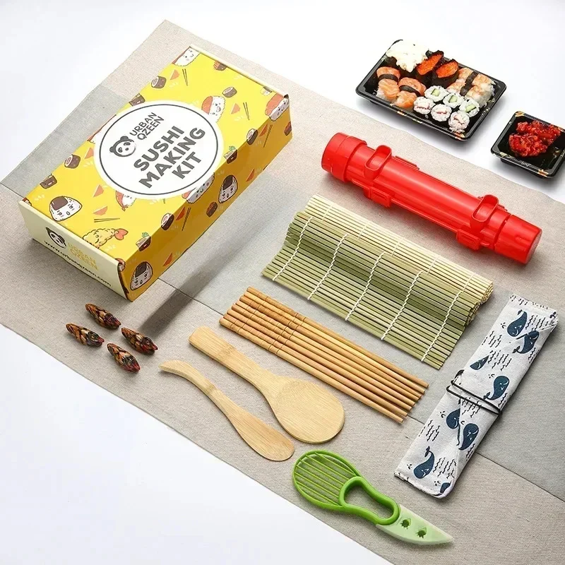 Sushi Making Tools Sushi Knife Bamboo Rolling Curtain Ceramic Plate Japanese Rice Spoon Rice and Vegetable Roll Mold Set