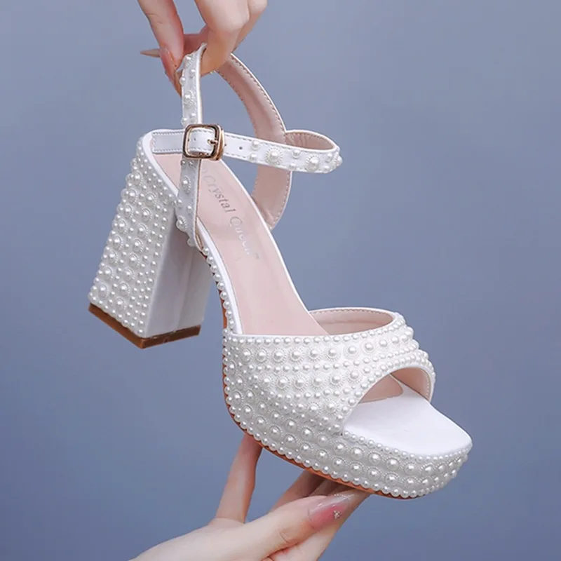 9CM Square Heel Platform Sandals Round Head Peep Toe Buckle Strap High Heels Beige Pearl Bridal Dress Shoes Party Wedding Shoes