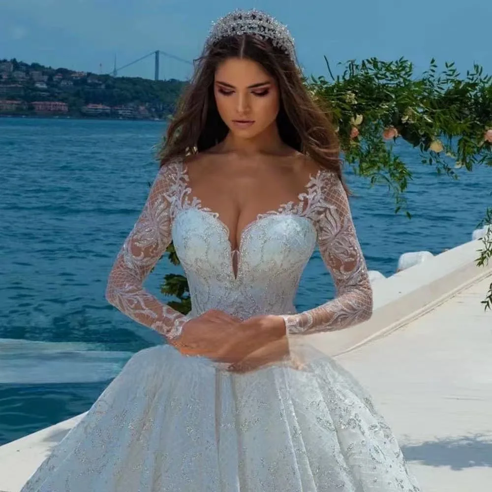 

Роскошное бальное платье с кружевом, свадебное платье с блестящей вышивкой, пайетками и бисером, с длинными рукавами, индивидуальный пошив, платье принцессы для невесты