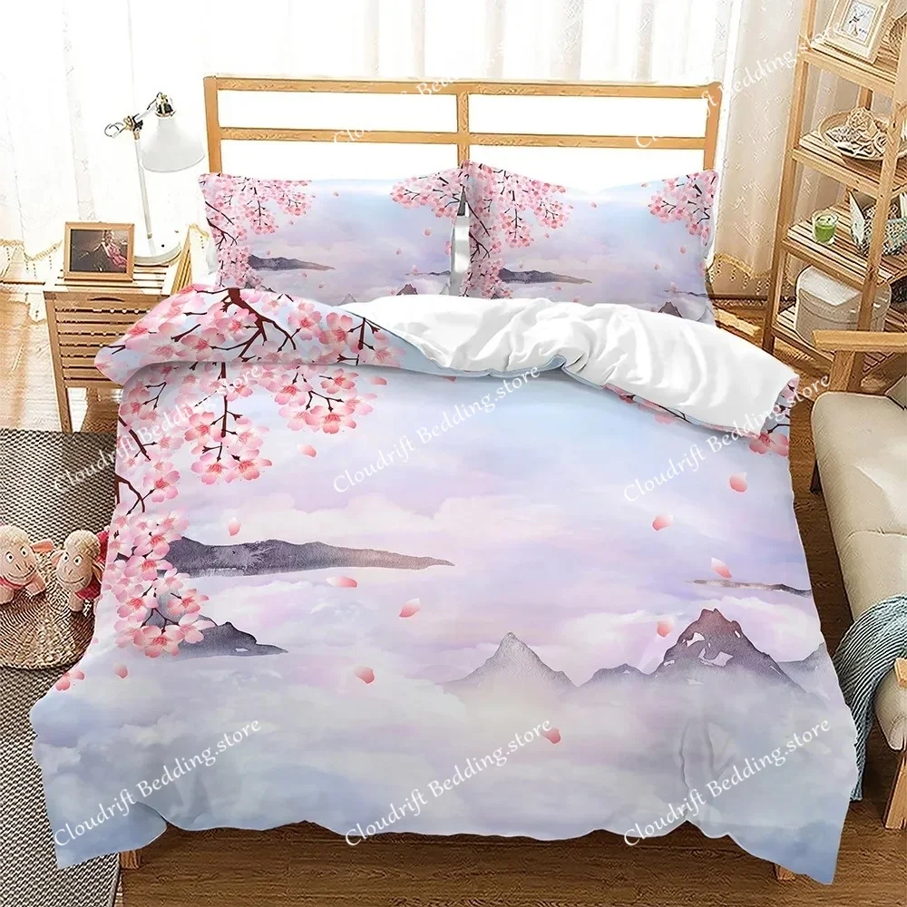 

Spring Flowers King Queen Duvet Cover Pink Sakura Bedding Set Girls Cherry Blossoms Quilt Cover Floral Polyester Comforter Cover