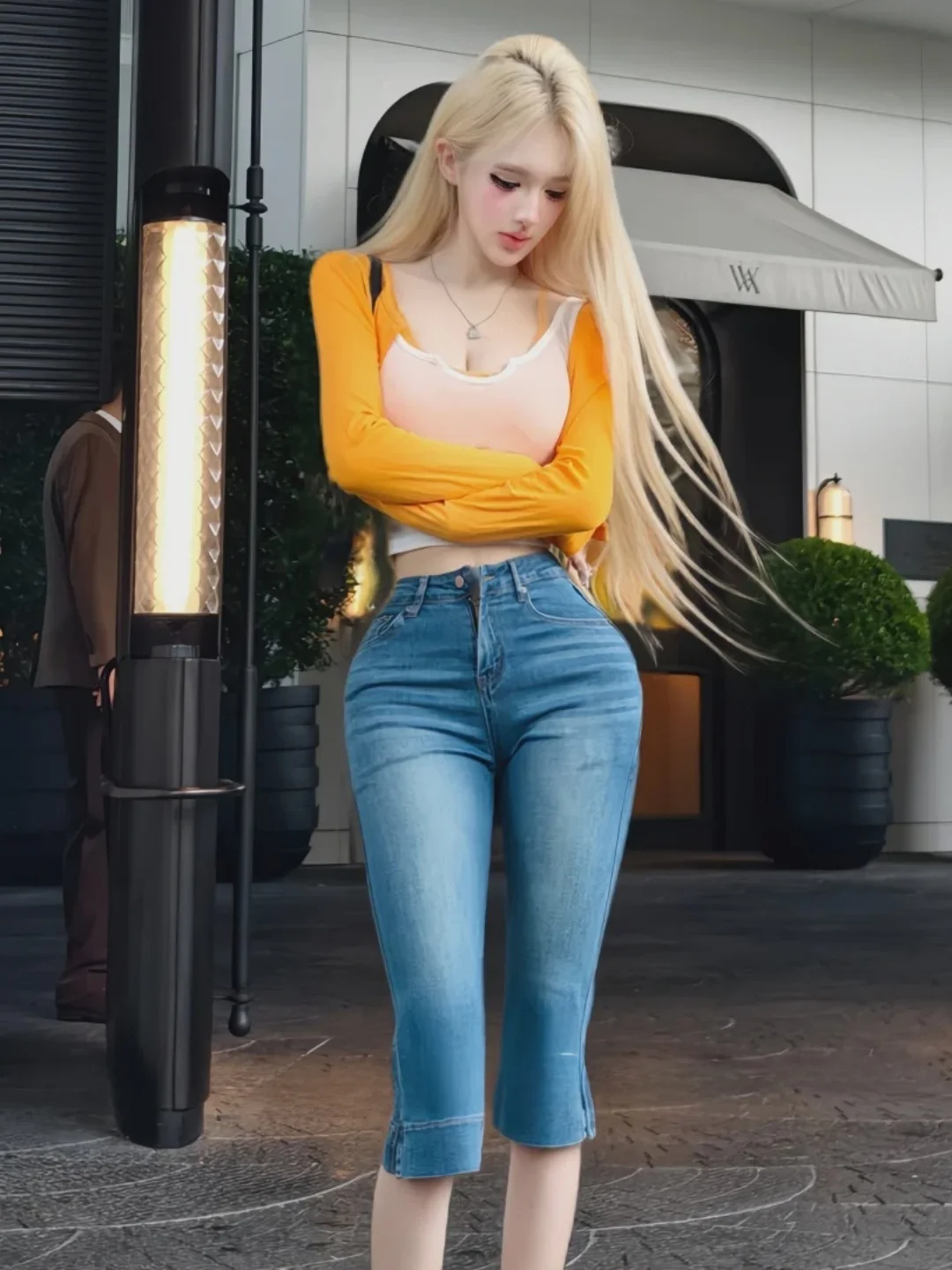 Slim Fit American Waist Jeans Crop Pants Thin New Fashion Personality Match Large Hip Jeans Seven-Point Pants High Waist