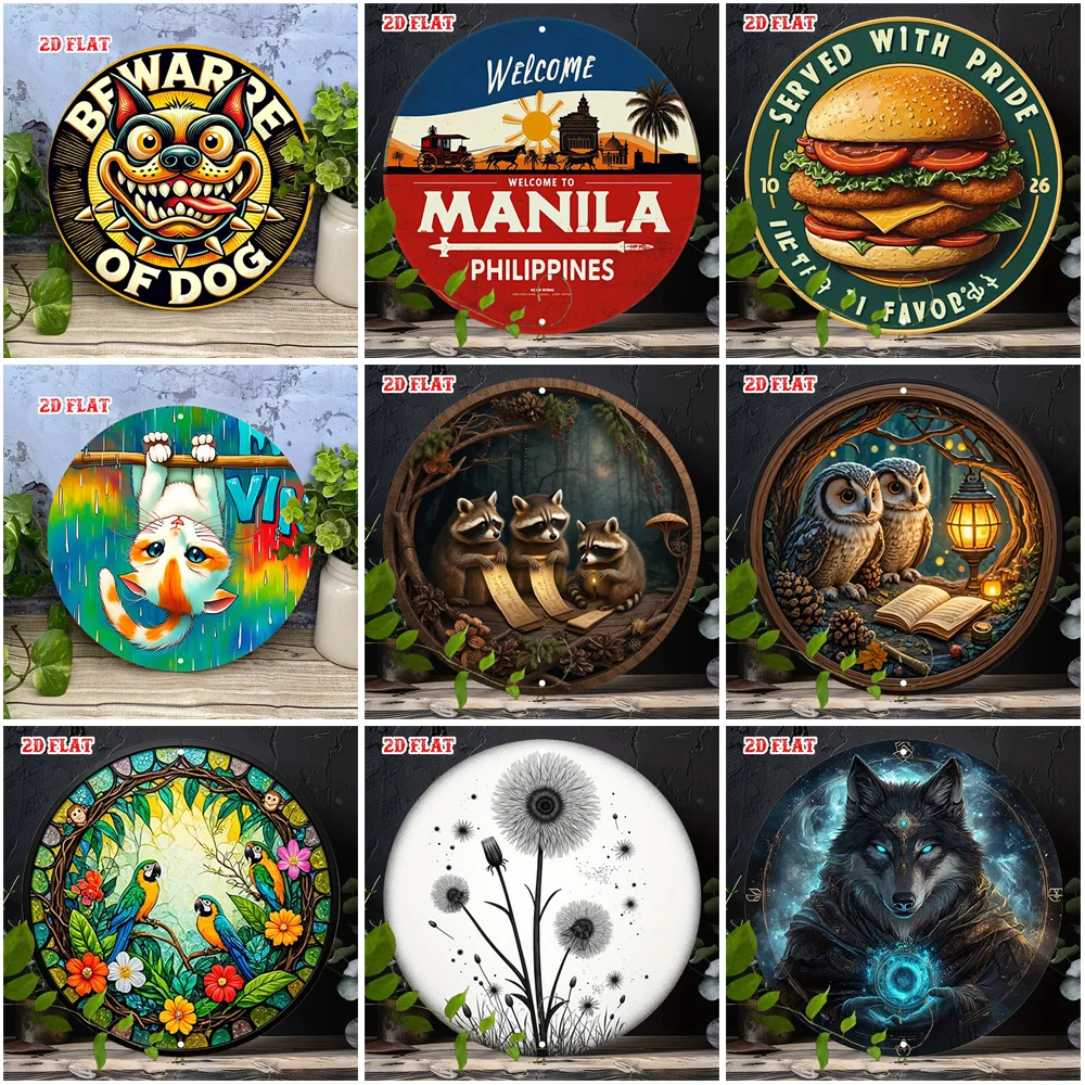 2D Flat Round Metal Tin Sign Vintage Stained Glass Warning Dog Manila Burger Cat Raccoon Owl Parrot Dandelion Wolf Floral Lett