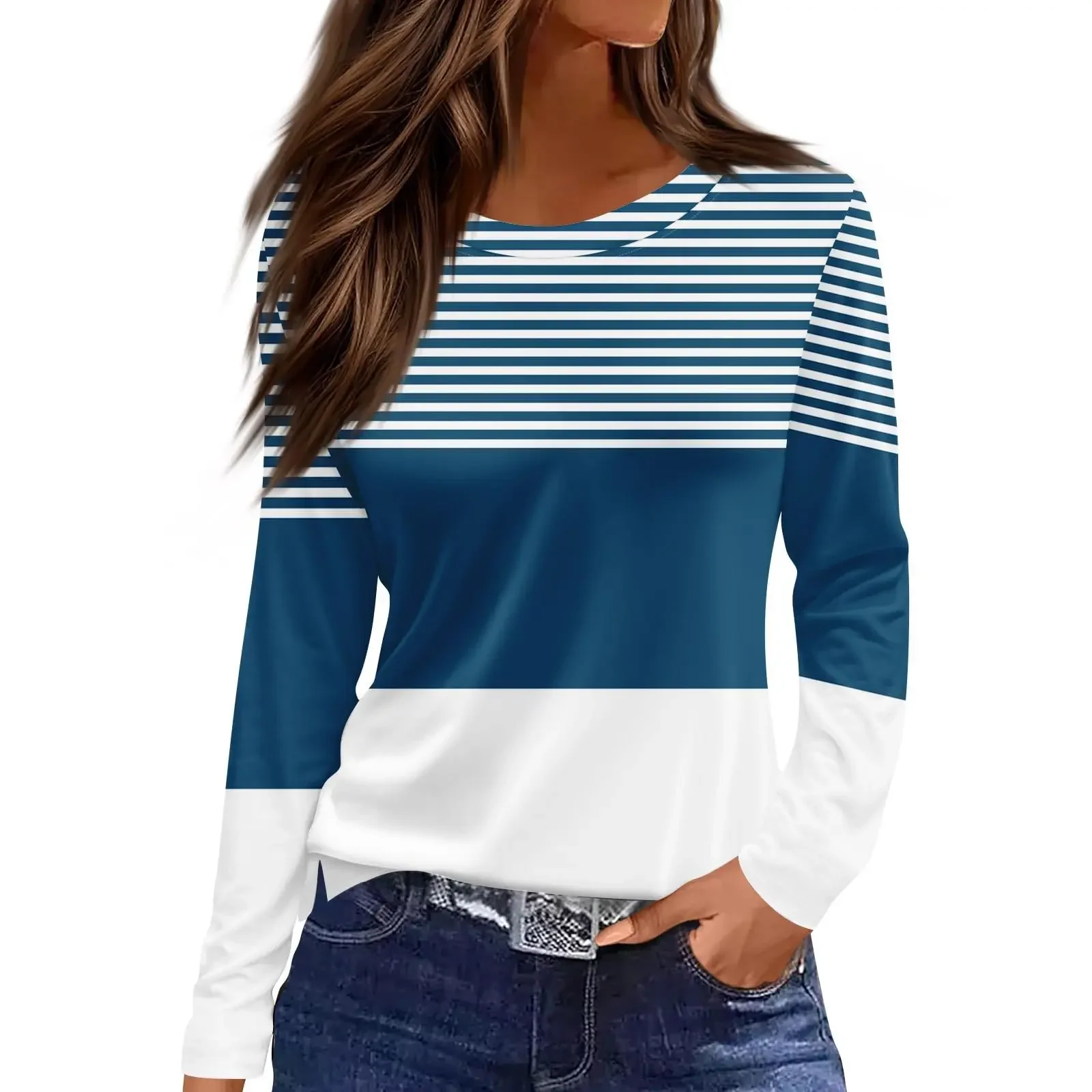 Camiseta holgada informal con estampado de rayas degradadas en 3D para mujer, Top de fin de semana de vacaciones Regular con cuello redondo y manga larga a la moda