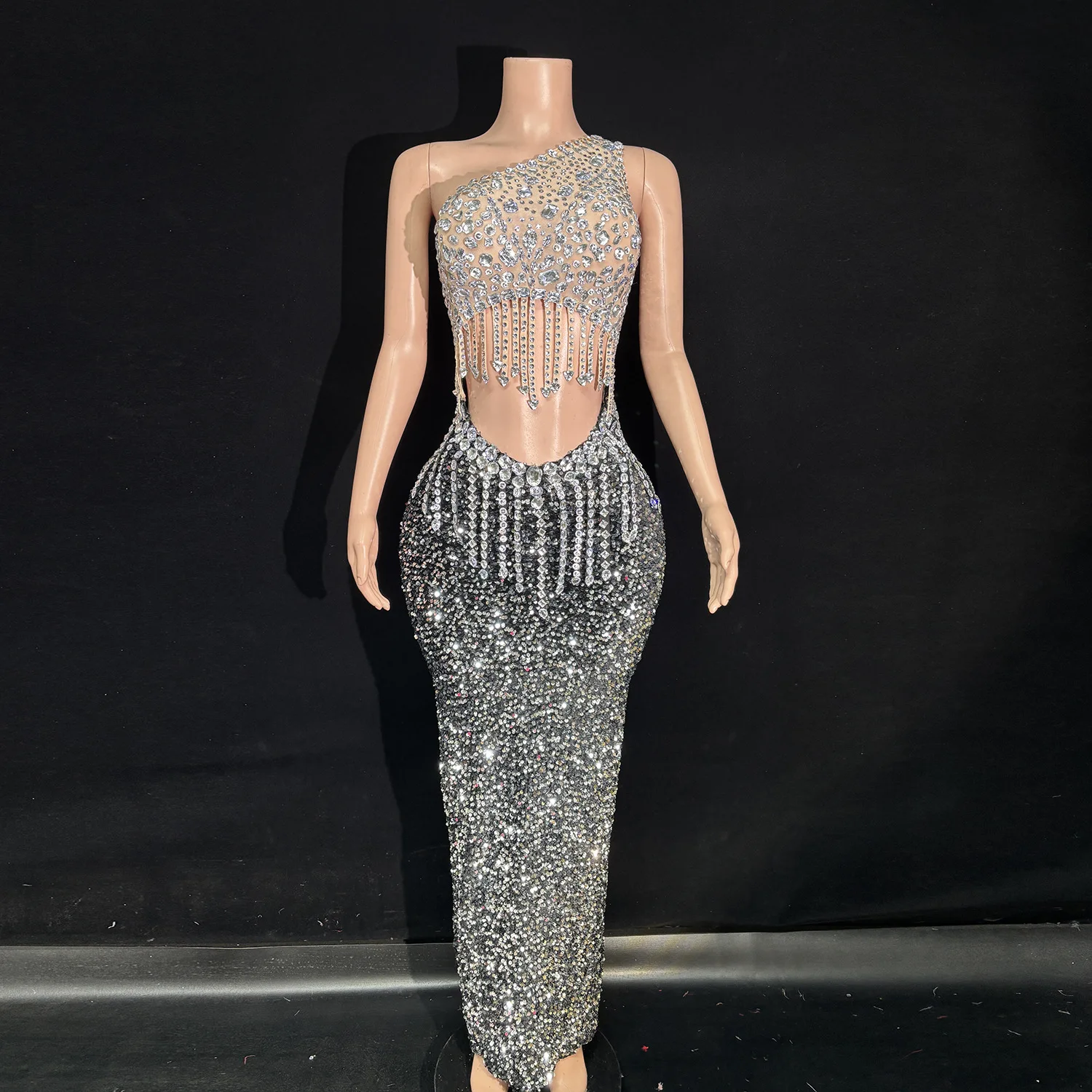 Luxury Sparkly Nude Silver Rhinestone One Shoulder Cutout Maxi Dress Women Mesh Bodycon Stage Performance Evening Gown