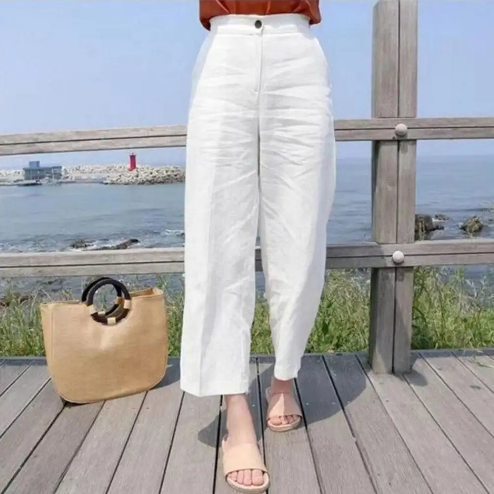 Women Pants High Waist Button Zipper Casual Trousers Solid Color Straight Wide Leg Long Pants Fashion Loose Office Lady Trousers