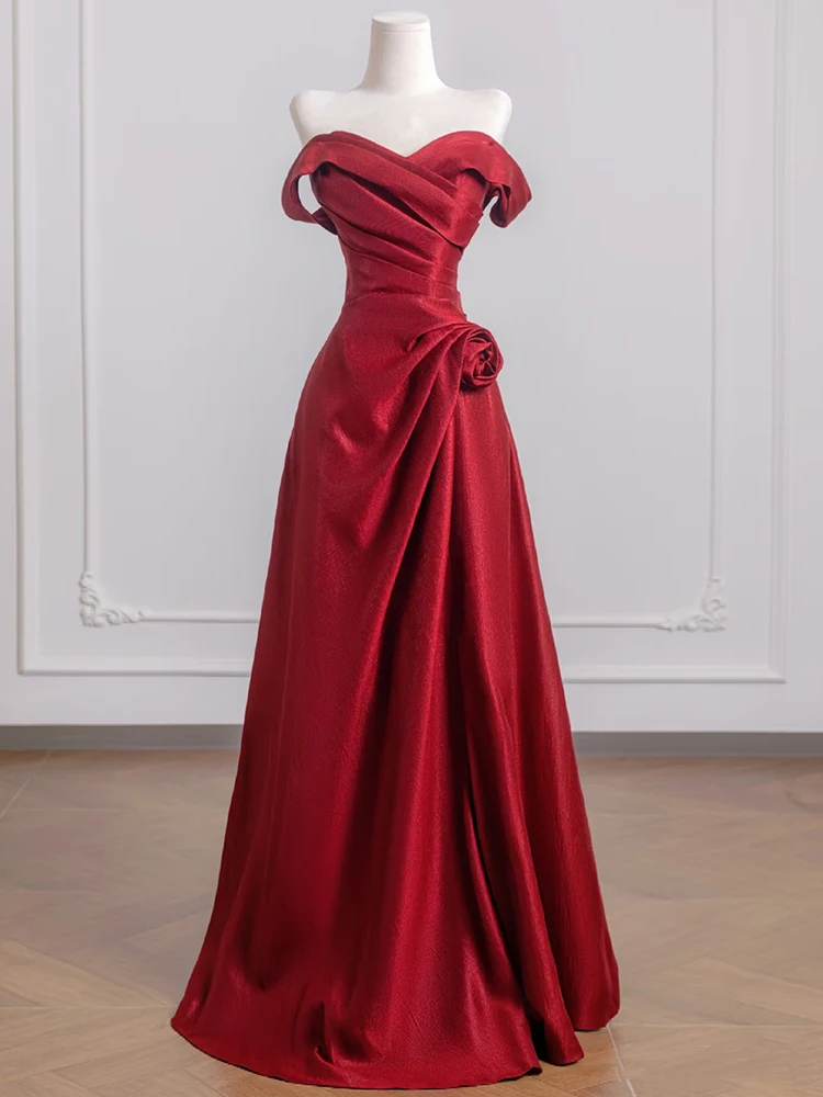 

Красное свадебное платье на одно плечо для женщин, корейский стиль, ручная работа, цветы, завышенная талия, длинная юбка