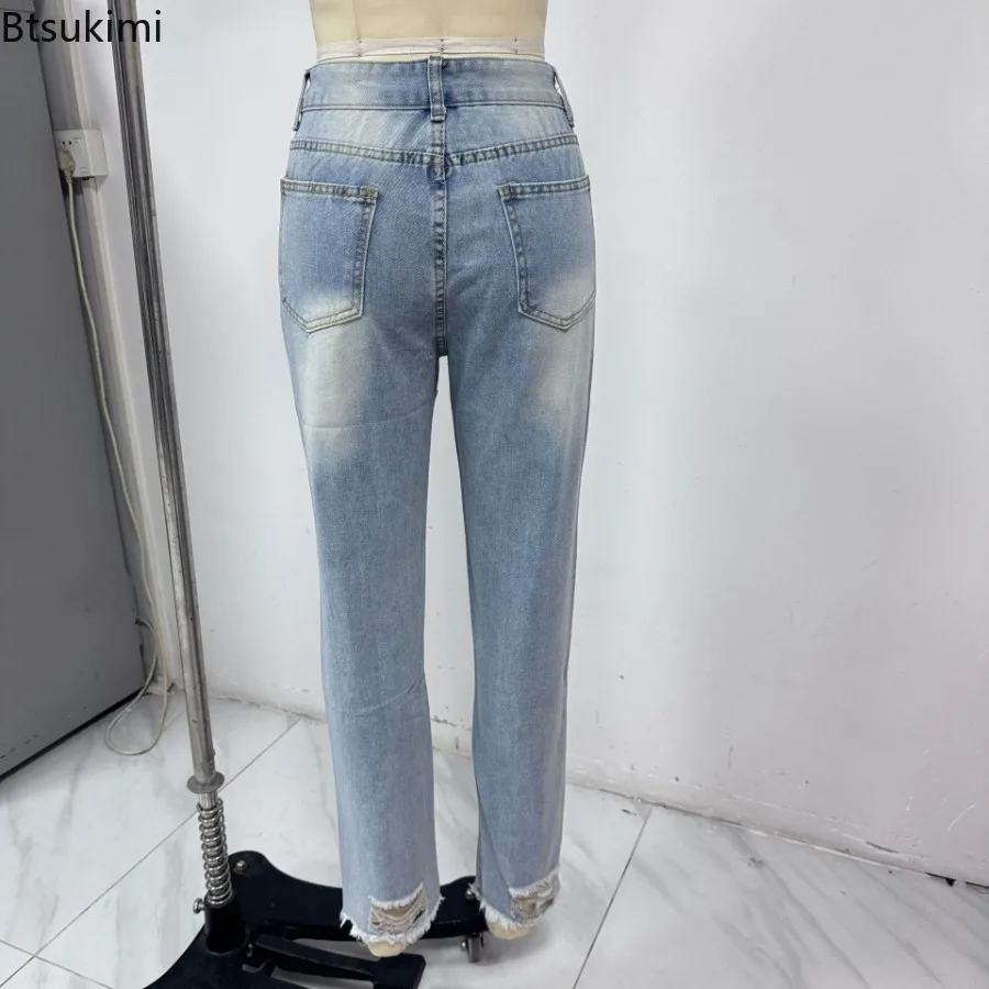 2025 New Women's Mid Waist Solid Ripped Jeans Fashion Casual Ankle-Length Denim Straight Leg Pants Lady Office Street Trousers