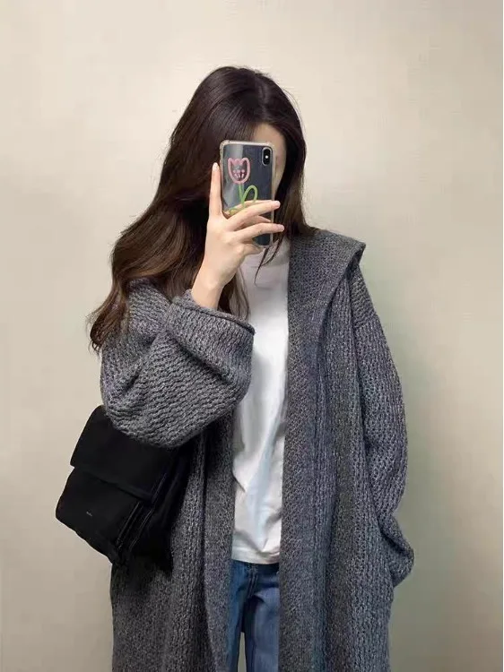 

Retro Lazy Feel ey Hooded Knitted Sweater Coat Women's Loose Winter Open Cardigan Medium Length Soft Upper Body