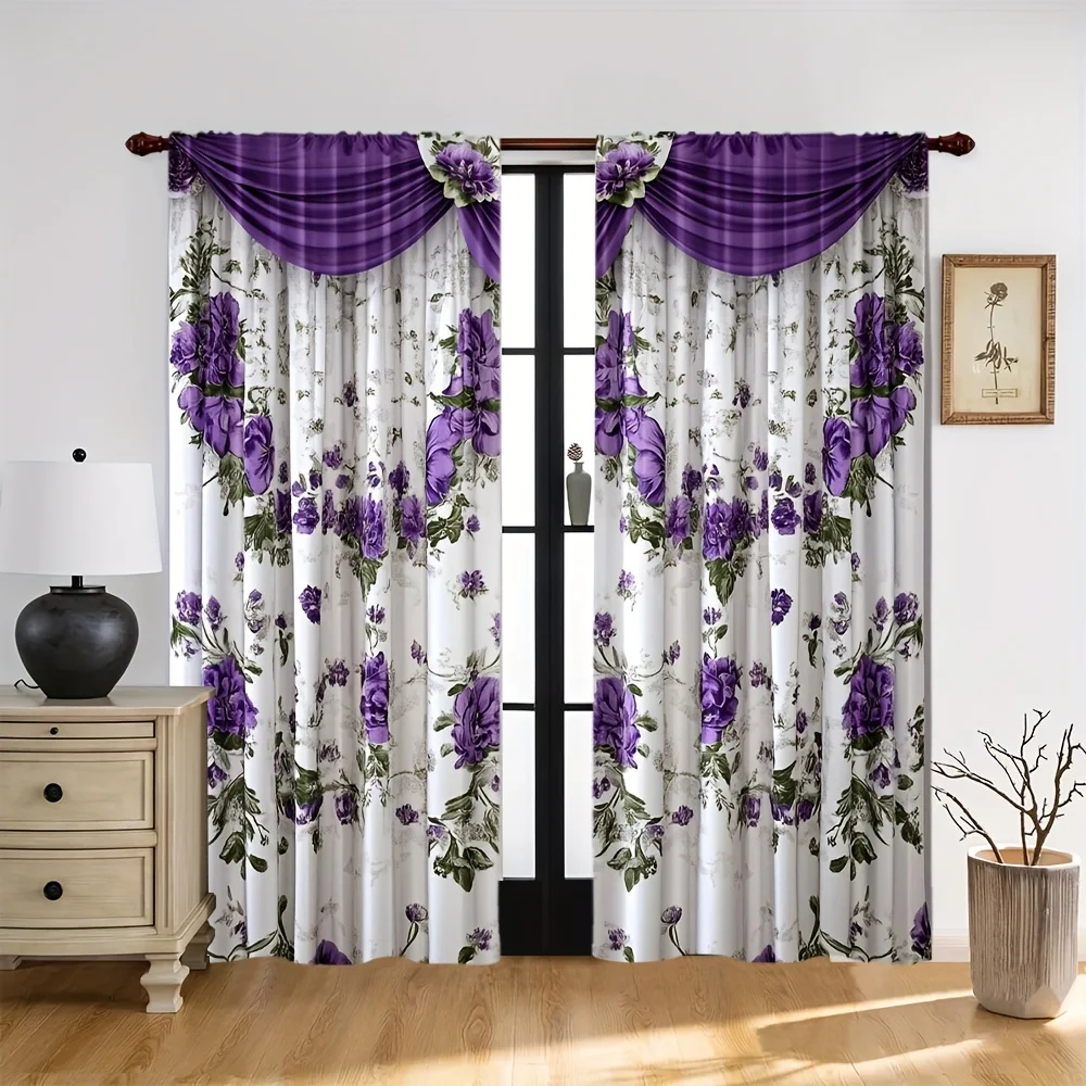 2 Pcs Purple Floral Print Curtains – Polyester Rod Pocket Design for All-Season Decor, Perfect for Bedroom Living Room & More