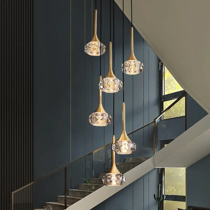 All Copper Staircase Long Chandelier Modern Minimalist Duplex Villa Loft Apartment Rotating Staircase Light Luxury Crystal Lamp