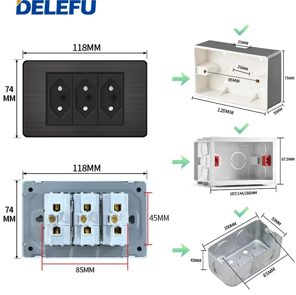 DELEFU-Panneau Noir en Acier Inoxydable, Joli Standard Brésilien, Prise de Courant Murale USB Type C, 10A, pour Ordinateur