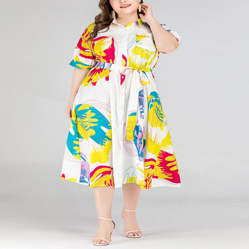 

Women's casual five-point sleeve dress, lapel button shirt pocket strap dress, plus size, summer, new style.