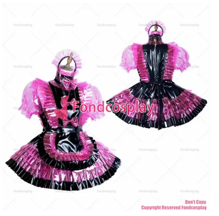 fondcosplay adult sexy cross dressing sissy maid lockable hot pink clear PVC Dress vinyl apron unisex