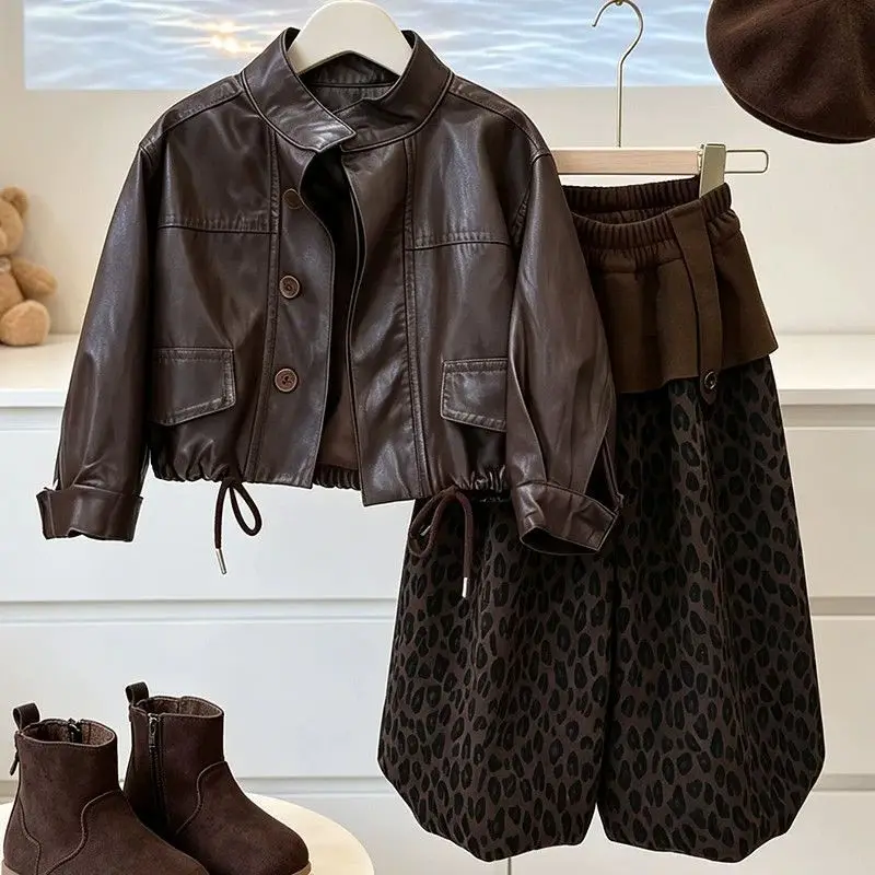 Spring Autumn Elegance Fashion Baby Girls Sweet Kids Princess Coat+Hooded Shirts+ Leopard pattern Paints Children Casual 3Pcs Se