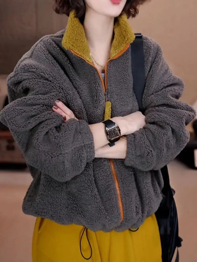 Lamb Velvet Stand Collar Jacket Women's Loose Casual Thickened Winter Coat High Warmth Resistance Color Block Top