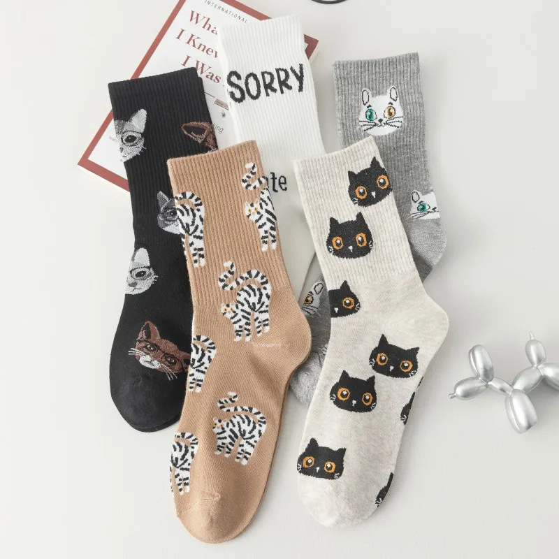 Cute Socks Women's Medium Tube Socks Tide Autumn and Winter Korean Version of College Style White Cartoon Kitten Versatile Trend