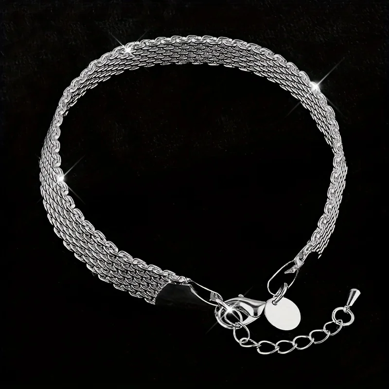 Noble Cute 925 Sterling Silver Mesh Braided Design Sparkling Bracelet For Women Party Jewelry Couple Gifts