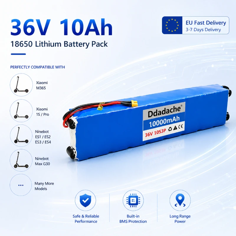 Image of 36V 10000mAh 10Ah 18650 Lithium-Akkupack 10S3P mit Smart BMS Wasserdichter Akku für Elektroroller E-Bike Elektrofahrrad 500W Motor XT60 XT30 T-Stecker Optional Lange Lebensdauer