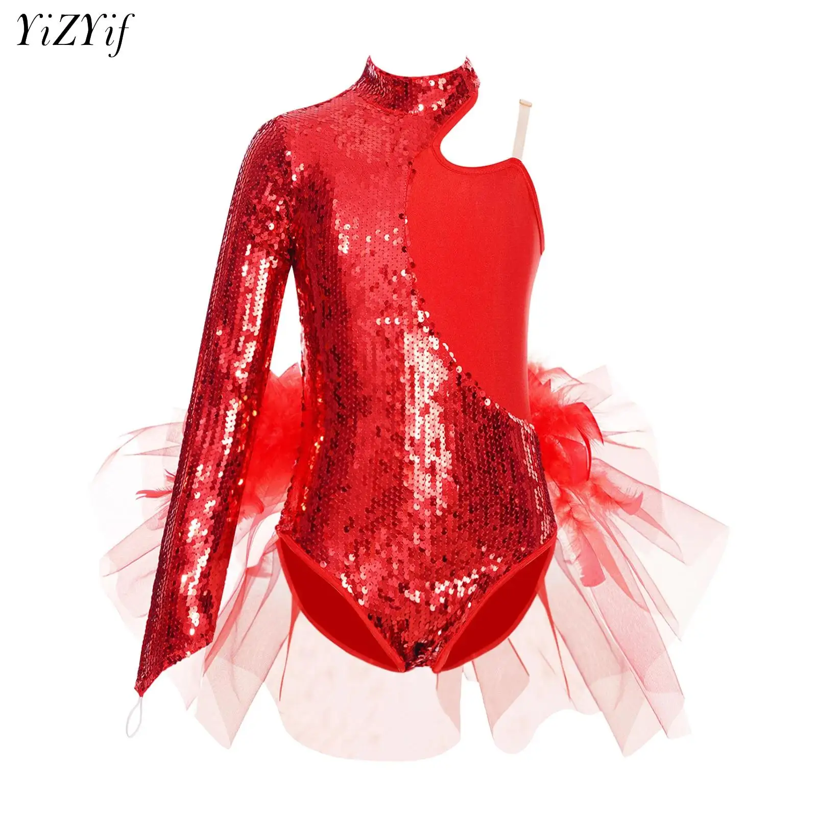 Kids Girls Ballet Dance Leotard Gymnastics Performance Costumes Sequin Figure Skating Feather Tutu Skirted Bodysuit Dancewear