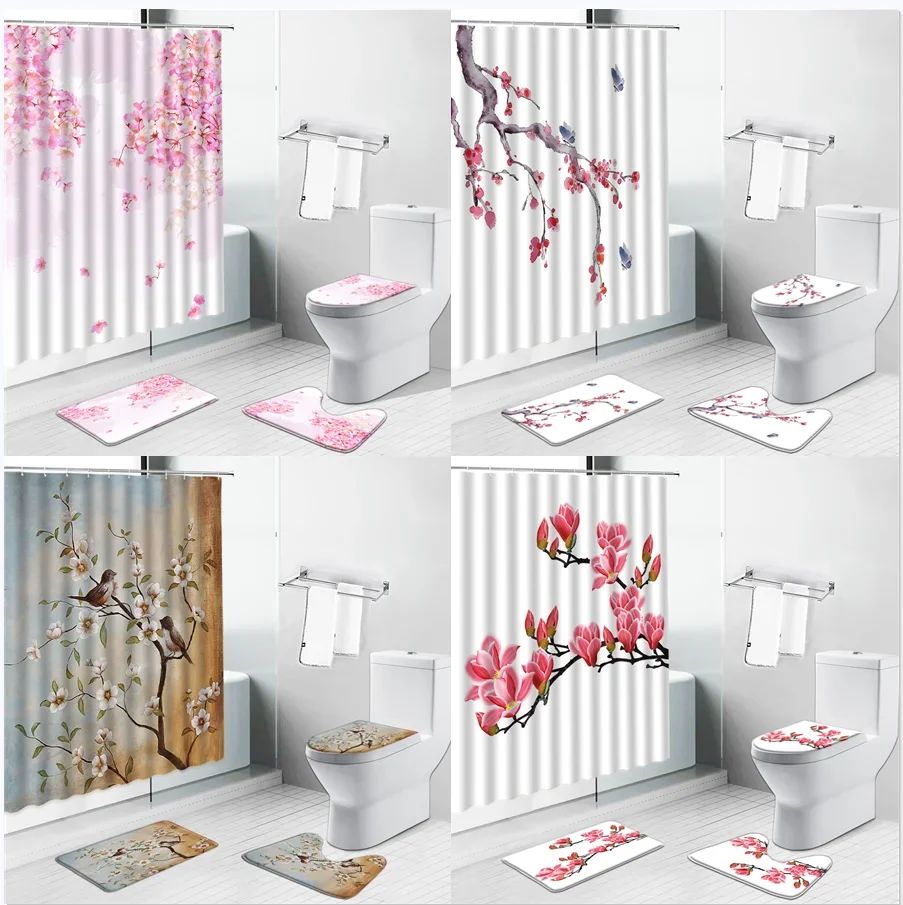 Pink Flowers Scenery Shower Curtains Modern Watercolor Floral Bird Bathroom Curtains Non-Slip Rugs Set Toilet Cover Carpet Mats