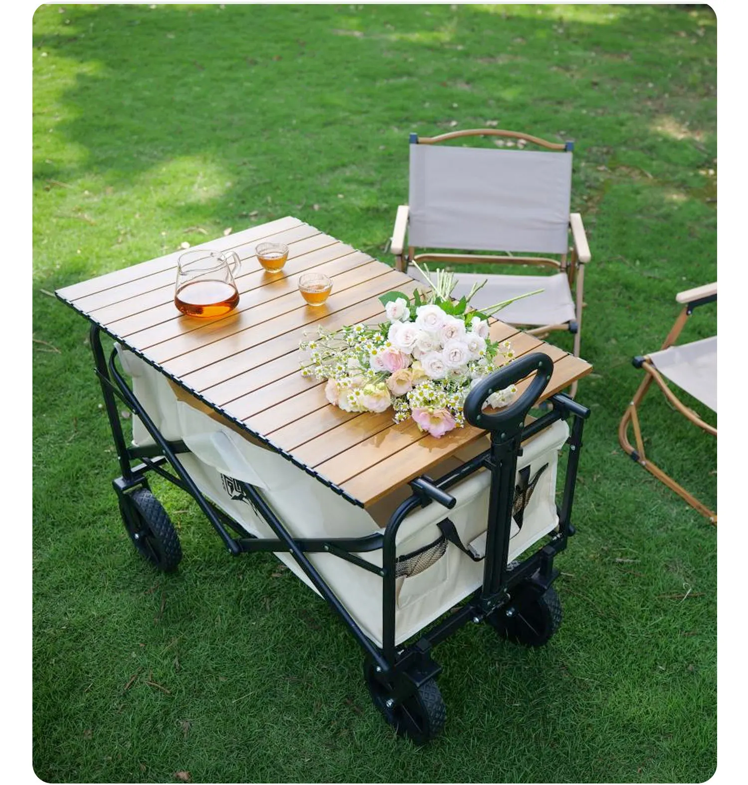 Multifunctional Campsite,Outdoor Folding,Portable Picnic Cart, Special Wood Grain Table Board, Chicken Rolls Table Top, L25