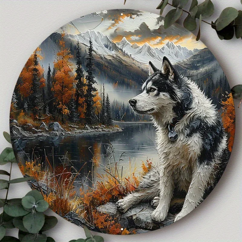 

Decorative Cute Dog Gift Round Metal Aluminum Sign Mask Theme Plates for Bar Club Cafe Yard Office Home Wall Art Decor