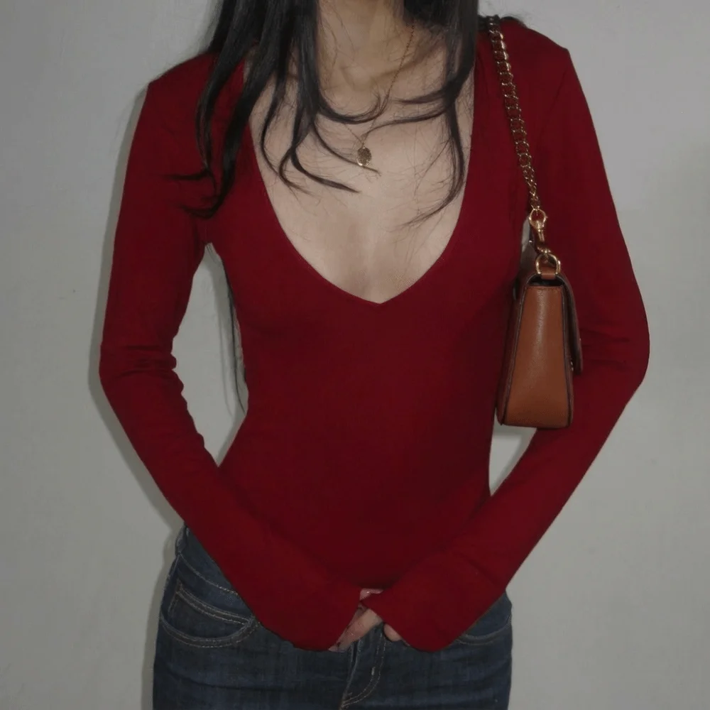 우아한 V넥 슬림 크롭탑 달콤한 탄력 있는 바텀 탑 편안한 긴 소매 스키니 바디수트 스파이시 걸