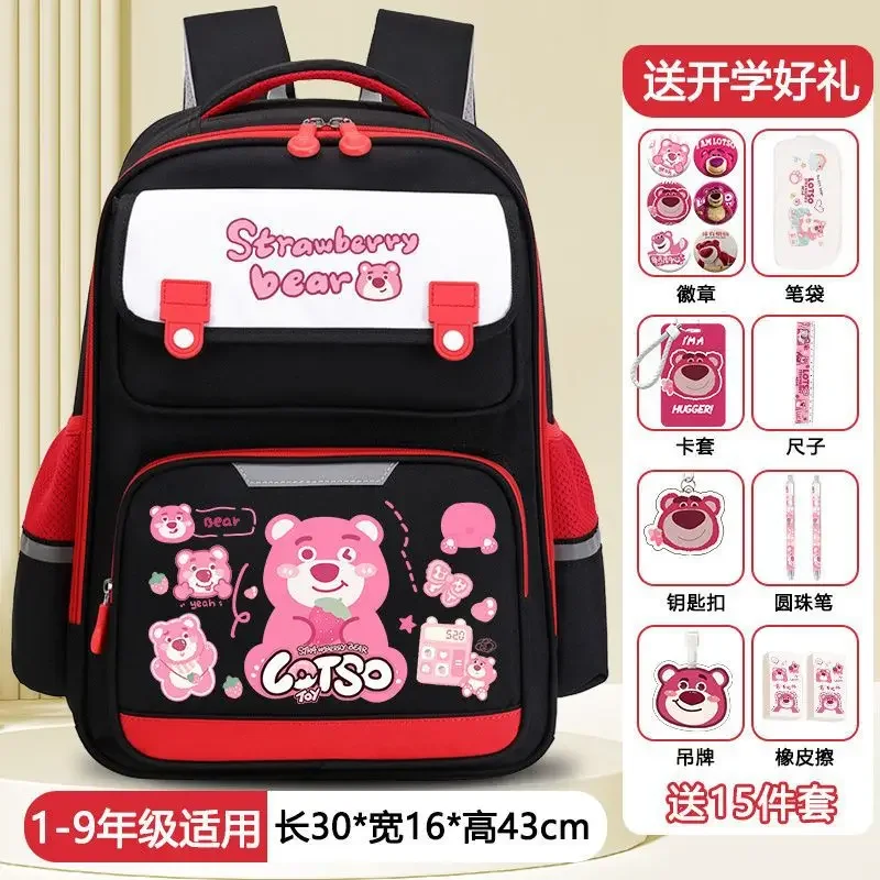 Sanrio-mochila escolar con diseño de oso de fresa para hombre y mujer, morral protector de gran capacidad con dibujos animados, ideal para estudiantes y niños