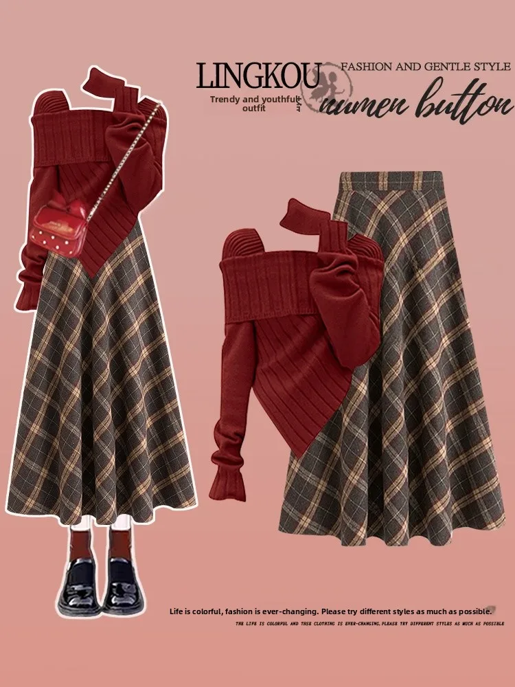 Maglione lavorato a maglia rosso e gonna a vita alta Set da due pezzi per donna Ele plus Size Abito di Capodanno V-Ne Long Sve