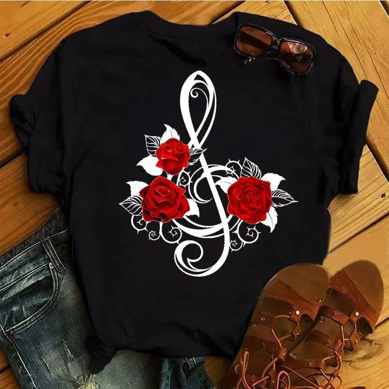 Fashion Women T-shirt Rose Printing Daily Casual Short-sleeved Tee Shirt 2024 Summer Round Neck Simple Street Women Clothing