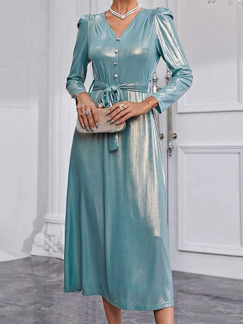 

Fashion Long-sleeved Dress Women V-neck Elegant Slim Lace-up Long Dress 2022 Autumn New Ladies Casual Solid Color Dress