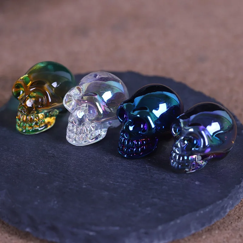 B12 Crystal Glass Skull Figurine Gothic Halloween Decor Black Glass Skull Ornament Home Desktop Decoration Gift