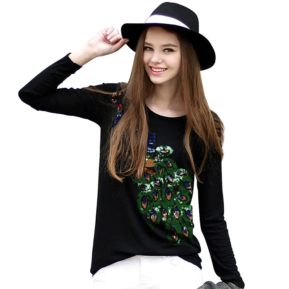 Women's Sequins Long Sleeve T shirts Lady Peacock Sequined T-shirt Fashion Cotton Tops Tee Shirt Femmer Woman Sakura Clothing