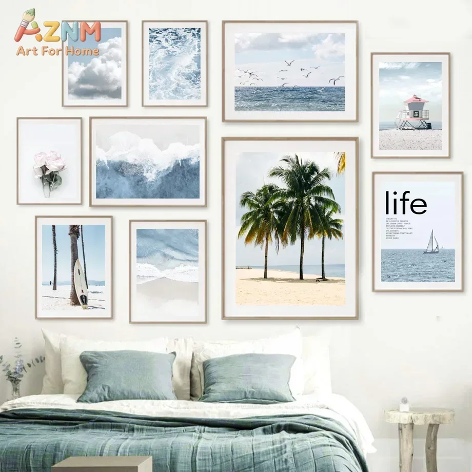 AZNM Coastal Beach Scenery Canvas Wall Art Palm Tree Ocean Wave Seaside Life Text Floral Print Neutral Summer Nordic Style Bedro