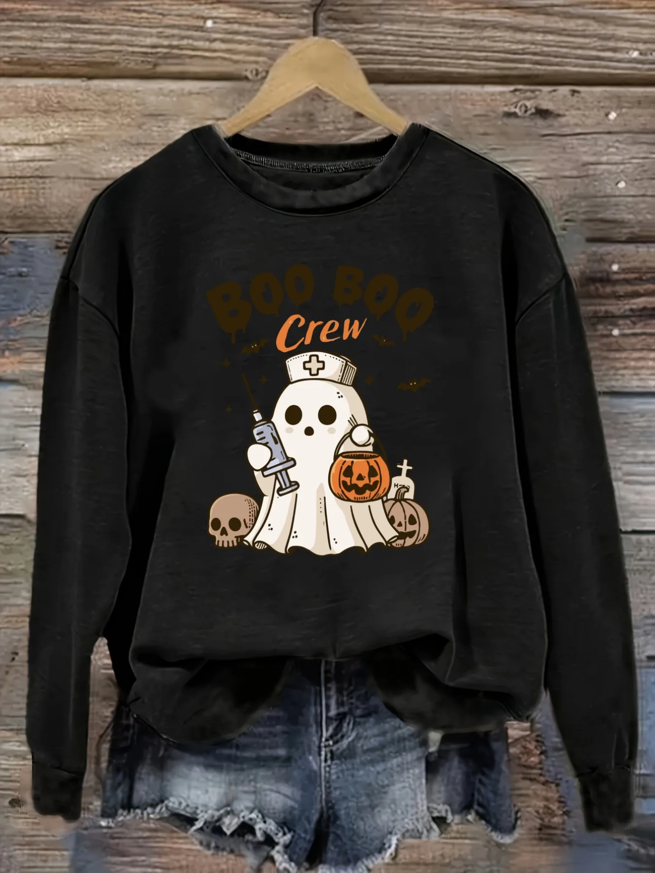 Women's Casual Long Sleeve Crew Neck T-Shirt Boo Boo Crew Ghost Design Design, Round Neck Women's Clothing, Machine Washable, Slightly Elastic, Loose Fit, Spring Autumn Winter Women's T-Shirt, Halloween Costume Outfit
