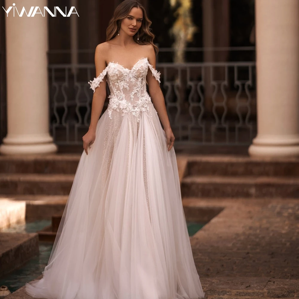 Vestido De novia elegante con hombros descubiertos, ilusión Sexy, vestido De novia con espalda descubierta, apliques brillantes, corte en A, vestido De novia