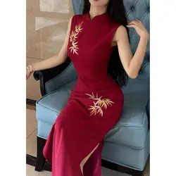 Women New Red Black Cheongsam Slim Improved Qipao Sleeveless Vintage Style Wedding Long Dresses High-end Bamboo Embroidery