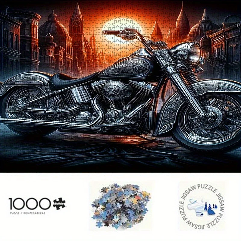 1000pcs Paper Puzzle, DIY Jigsaw (Cool Motorcycle, Gothic Architecture Background) Adult Puzzle, Suitable for Home Decor Puzzl