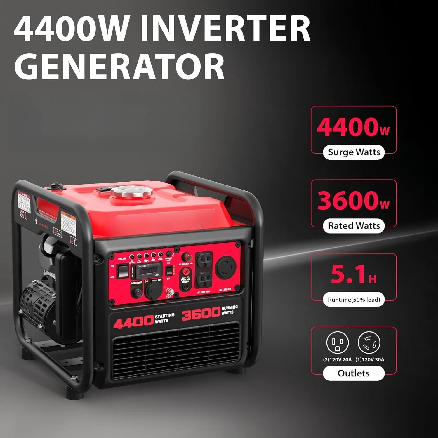 4400-Watt Portable Inverter Generator, Gas Powered, CO-Sensor, Lightweight & Quiet for Home Use and Emergency Backup