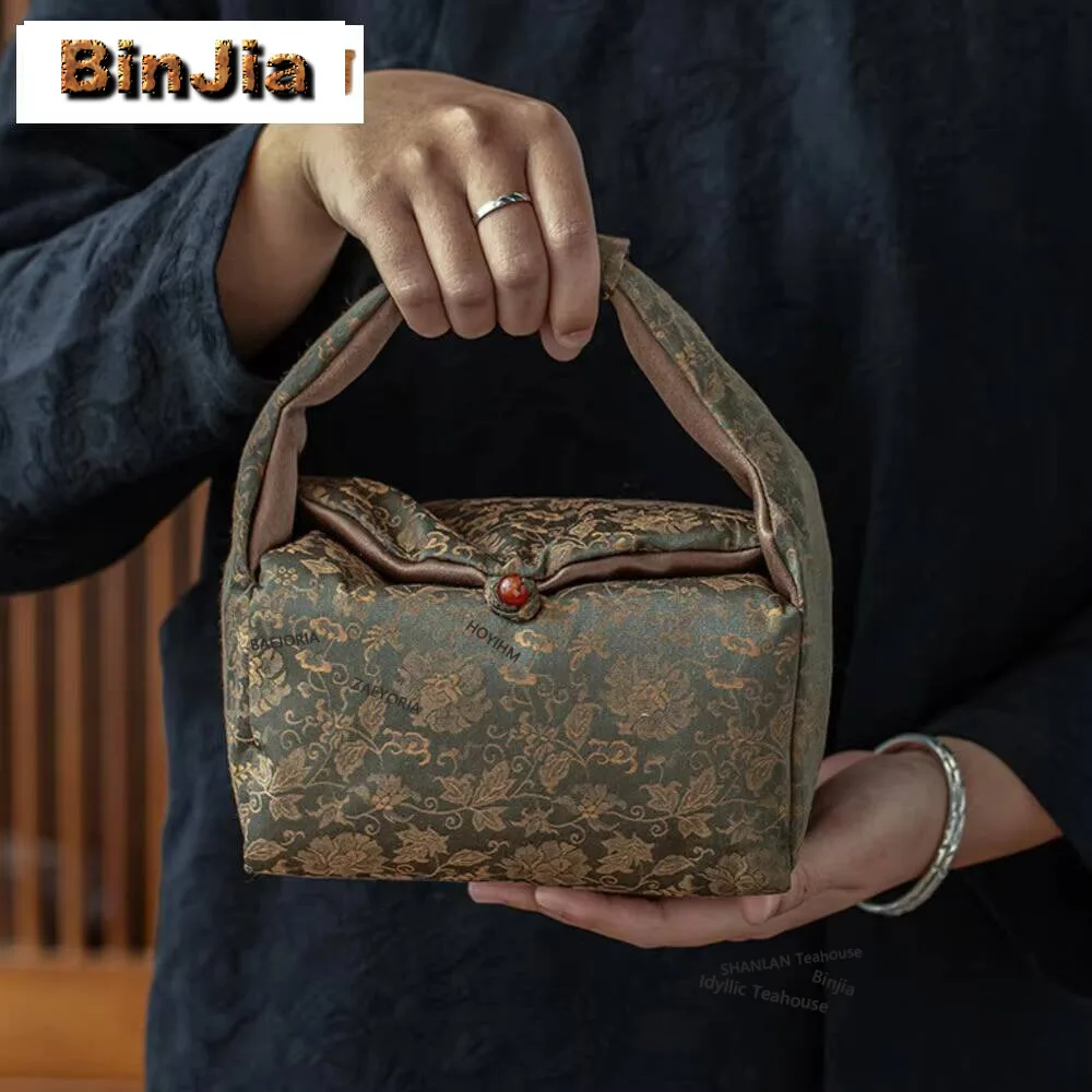 Entangled Lotus Brocade Tea Handbag Travel Portable Storage Bag Thickened Divider Teacup Teapot Cloth Hoppocket Camping Tea Bag