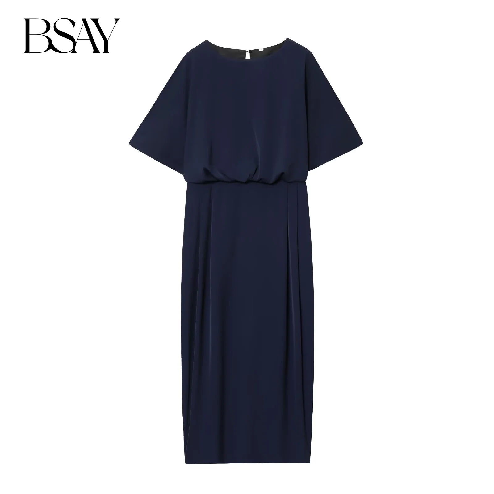 BSAY Gefallene Schulterärmel, plissiertes MIDI-Kleid, 2025, Herbst, neue Taille, geraffte Robe, schicke französische elegante Abendkleider für Damen