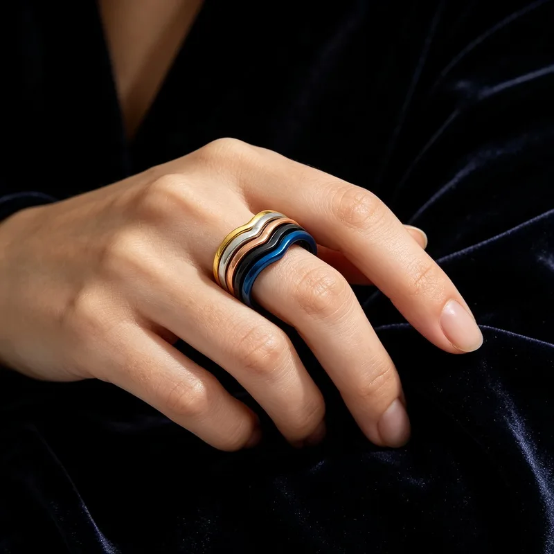 Kalen Stainless Steel Wave Band Ring for Women Stackable Curved Finger Anillos Couples Minimalist Wedding Promise Jewelry Gifts