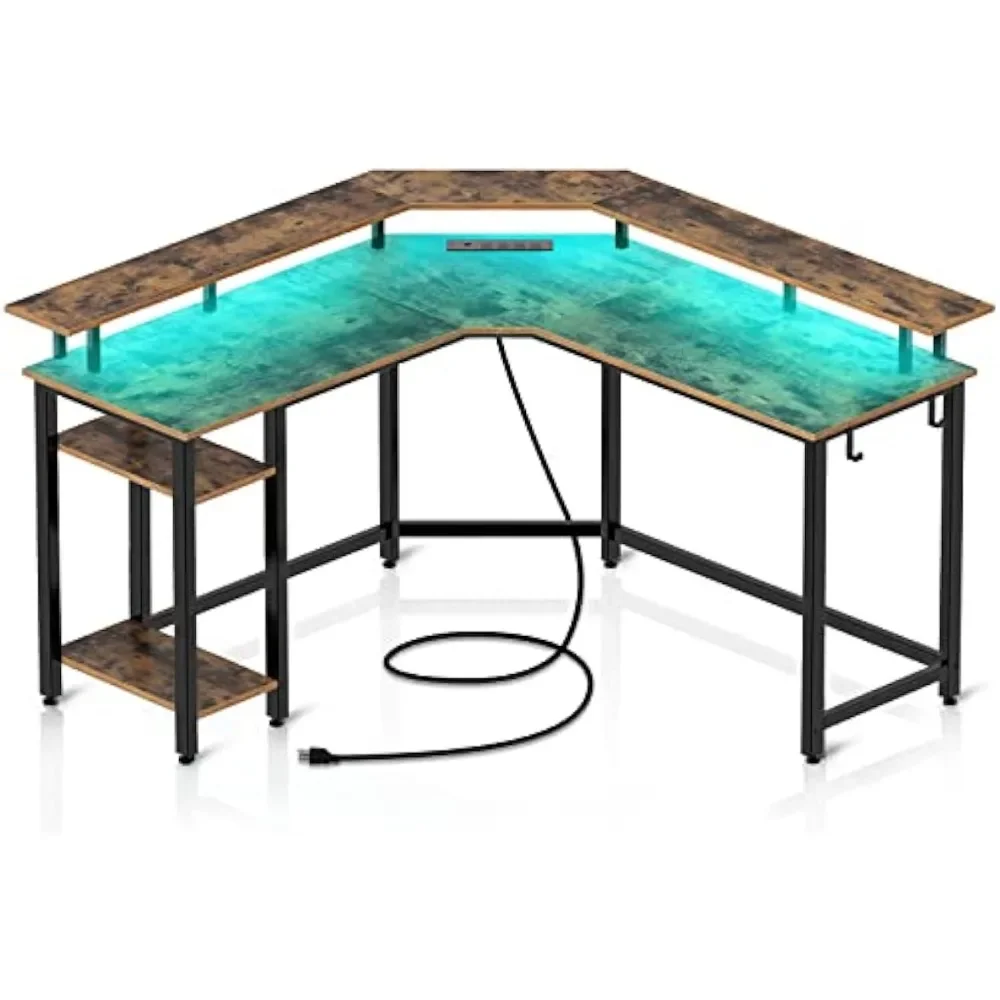 L Shaped Gaming Desk with LED Lights & Power Outlets, 56" Computer Desk with Full Monitor Stand & Storage Shelf, with Hooks