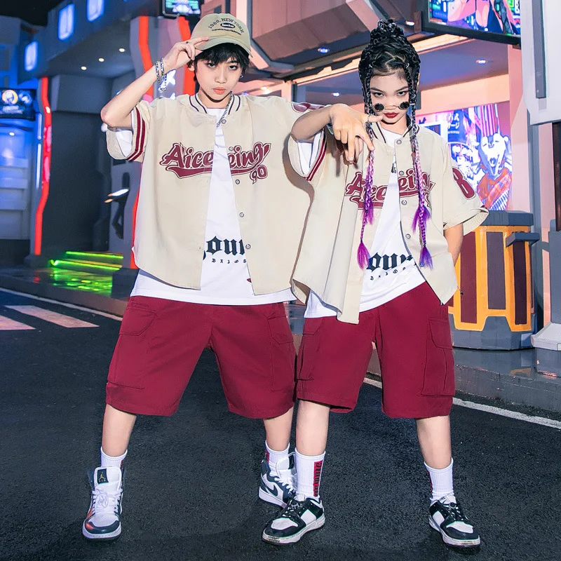 Girls Boys Hip-hop Clothing Sets White Crewneck Letter Jackets Burgundy Elastic Waist Cargo Shorts Street Dance Performence Wear