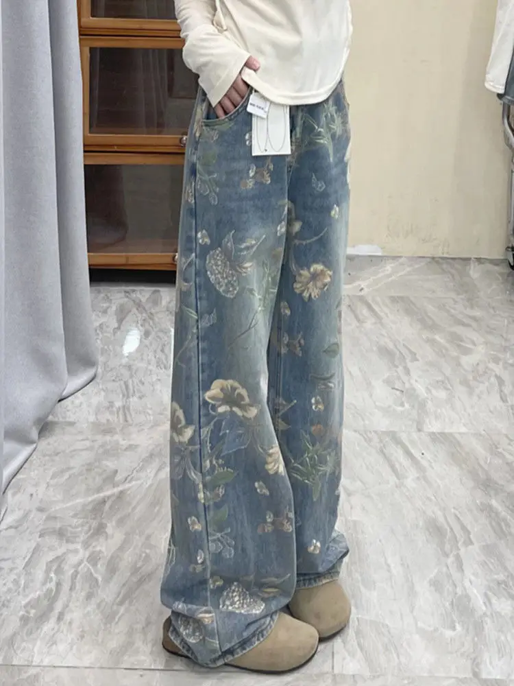 Vintage Floral Printed Jeans For Women Spring Autumn Casual Loose Straight Denim Pants Full Length Trousers Street wear