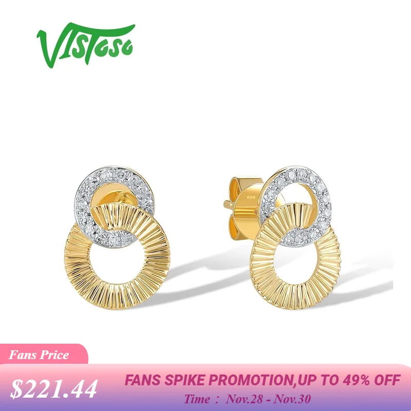 

VISTOSO Authentic 14K 585 Yellow Gold Stud Earrings For Women Sparkling Diamonds Fashion Twice Circle Wedding Party Fine Jewelry