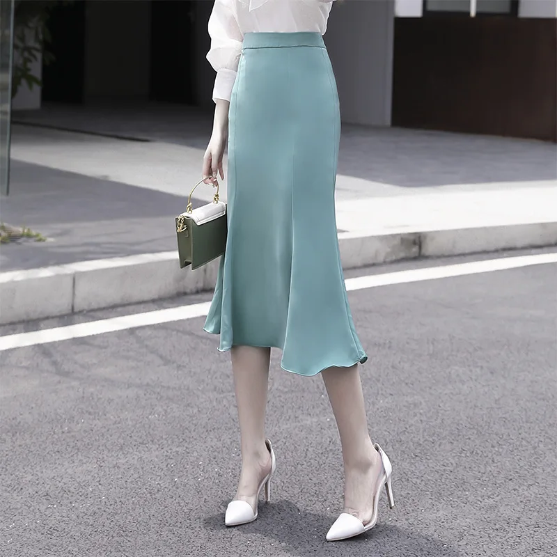 women solid quality satin midi skirt vintage side zipper office ladies elegant chic A-line skirts